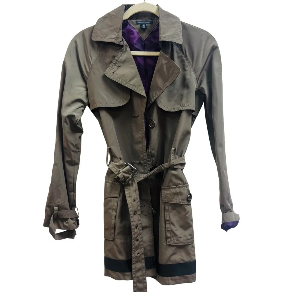 NWT Tommy Hilfiger Womens Belted Trench Coat Olive Grey Small